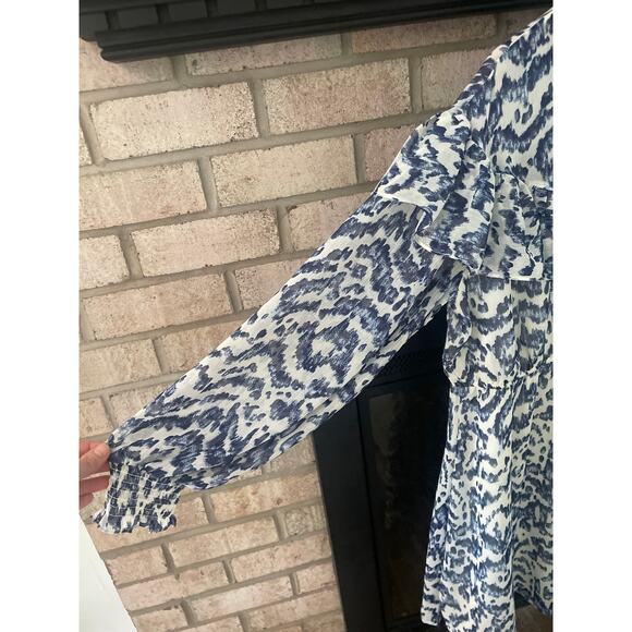 Eloquii Chiffon Tie Neck Long Sleeve Fit & Flare Dress Plus Size 20 Blue White - Picture 6 of 11